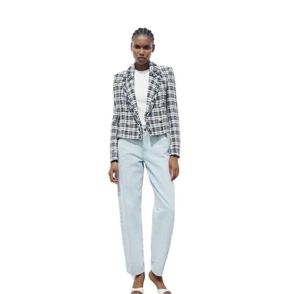 Zara Jackets & Blazers - ZARA TEXTURED DOUBLE BREASTED BLAZER BLACK/WHITE SIZE M 2460/103
